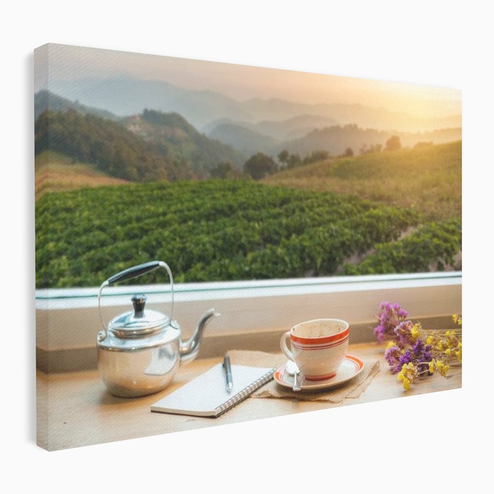 Tablou canvas cu tablou canvas cu peisaj matinal si ceainic pe pervaz, fara rama, pe sasiu de lemn